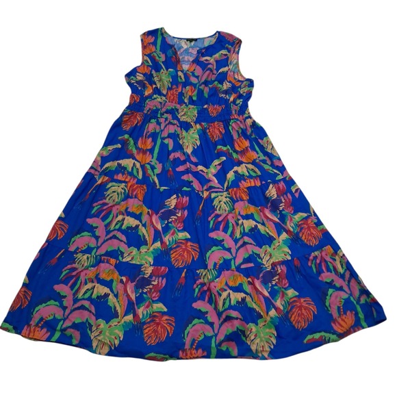 Meadows Rhodes Dress Women's 3X Blue Maxi Tropical Colorful Tiered Hawaiian - Picture 1 of 9